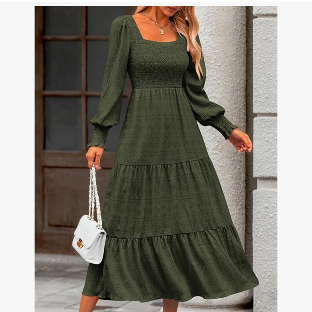 Kirundo smocked olive green long sleeve maxi dress